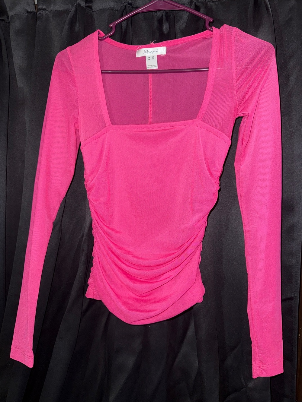 Revamped Neon Pink Square Neck Ruched Long Sleeve Top
